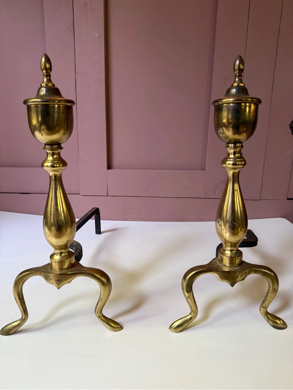 Vintage Brass & Cast Iron Fireplace Andirons Federal Style